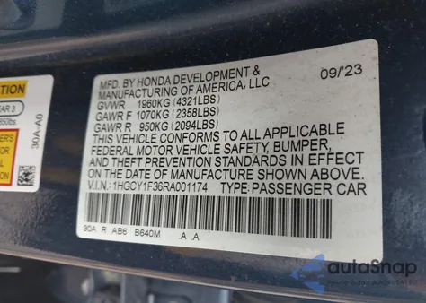 2024 Honda Accord Ex z USA, uszkodzony, nr VIN 1HGCY1F36RA001174